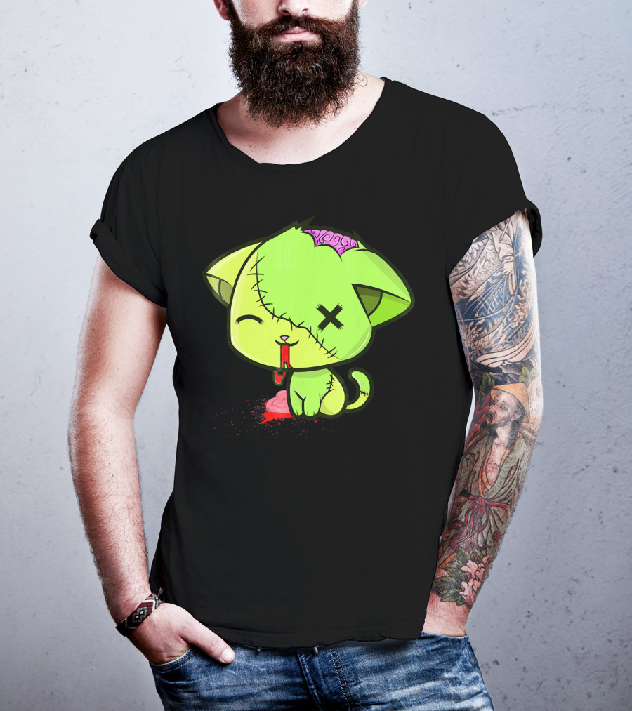 Cute Zombkitty Green Zombie Kitten Neon Brain T-Shirt