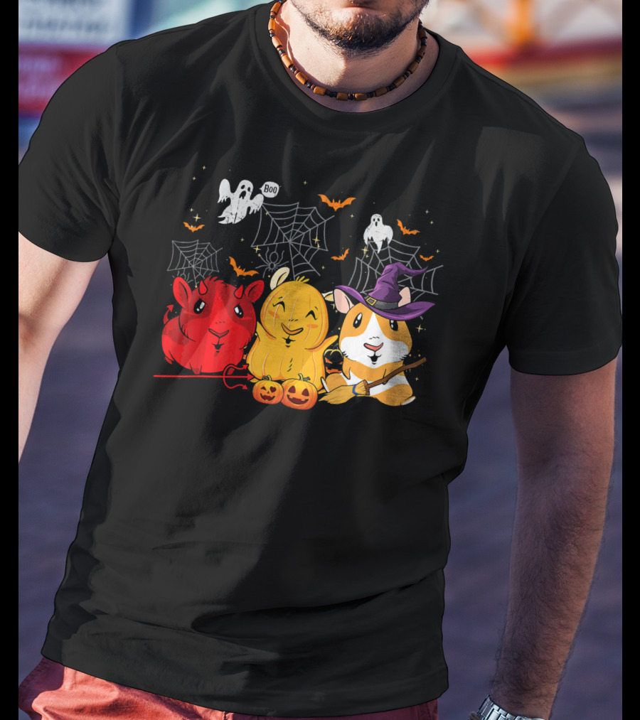 Halloween Funny Guinea Pigs In Costumes With Ghosts And Spiderwebs T-Shirt