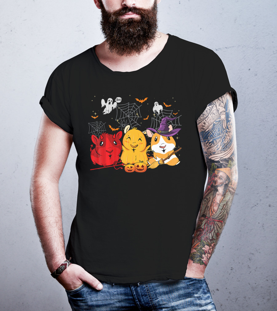 Halloween Funny Guinea Pigs In Costumes With Ghosts And Spiderwebs T-Shirt