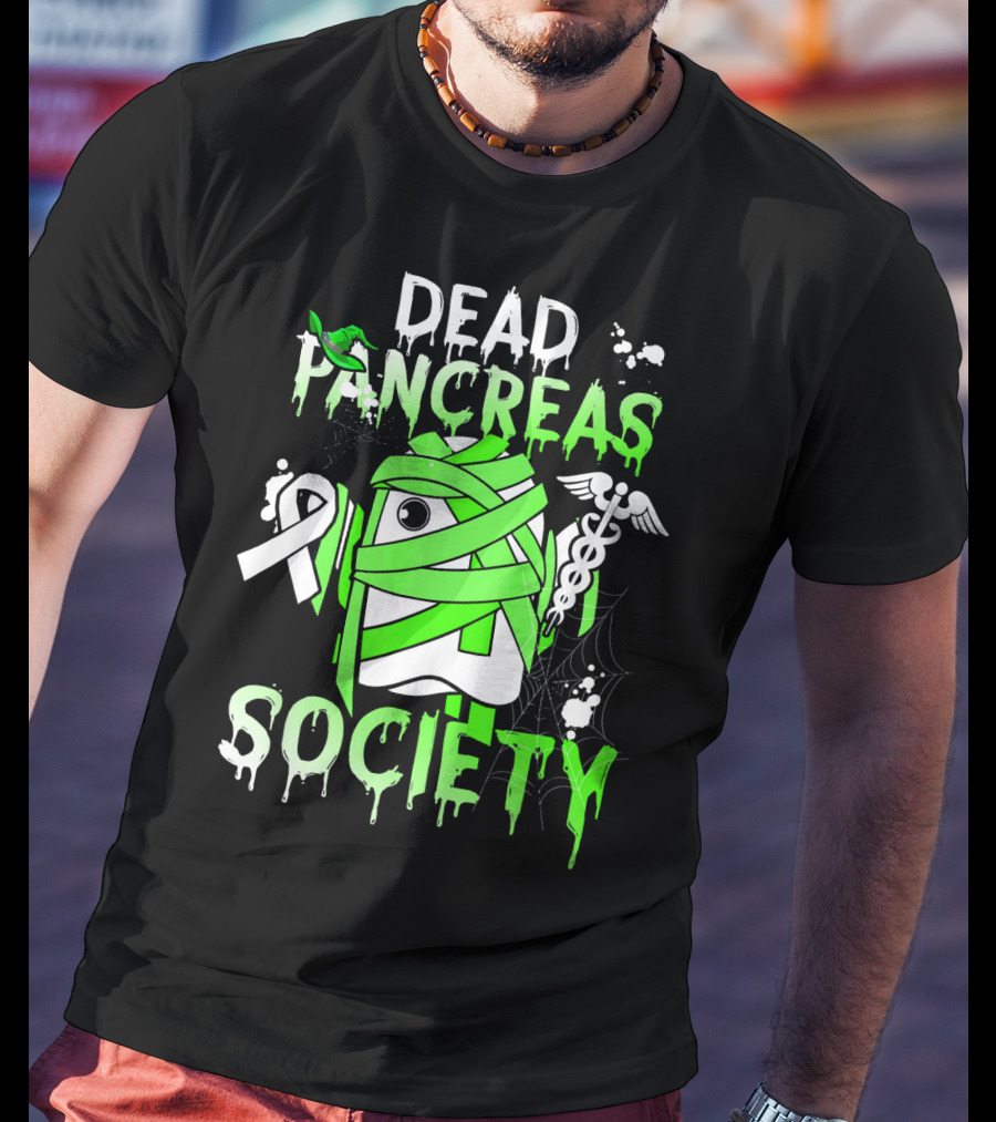 Dead Pancreas Society Halloween Ghost Design With Green Mummy And Medical Symbols T-Shirt