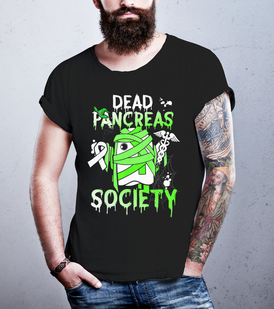 Dead Pancreas Society Halloween Ghost Design With Green Mummy And Medical Symbols T-Shirt