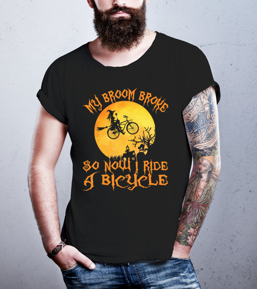 My Broom Broke So Now I Ride A Bicycle Witch Silhouette Full Moon Spooky Scene T-Shirt