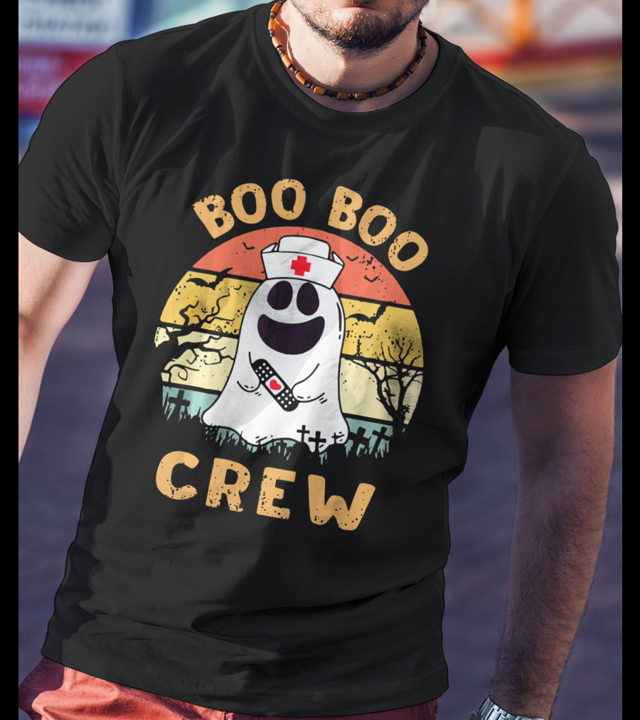 Vintage Halloween Boo Boo Crew Ghost Nurse With Bandage T-Shirt