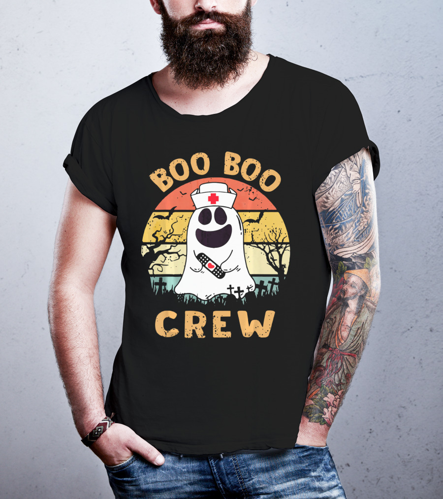 Vintage Halloween Boo Boo Crew Ghost Nurse With Bandage T-Shirt