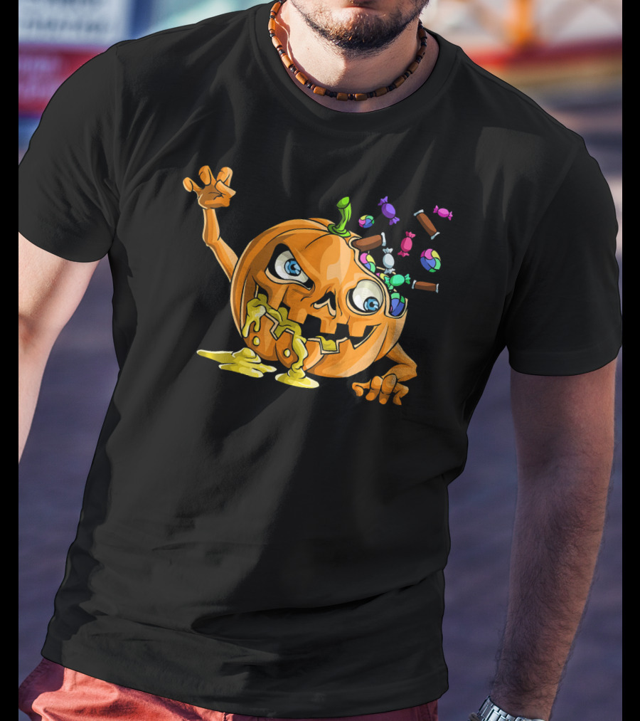 Zombie Pumpkin Funny Halloween Horror Scary Candy Explosion T-Shirt