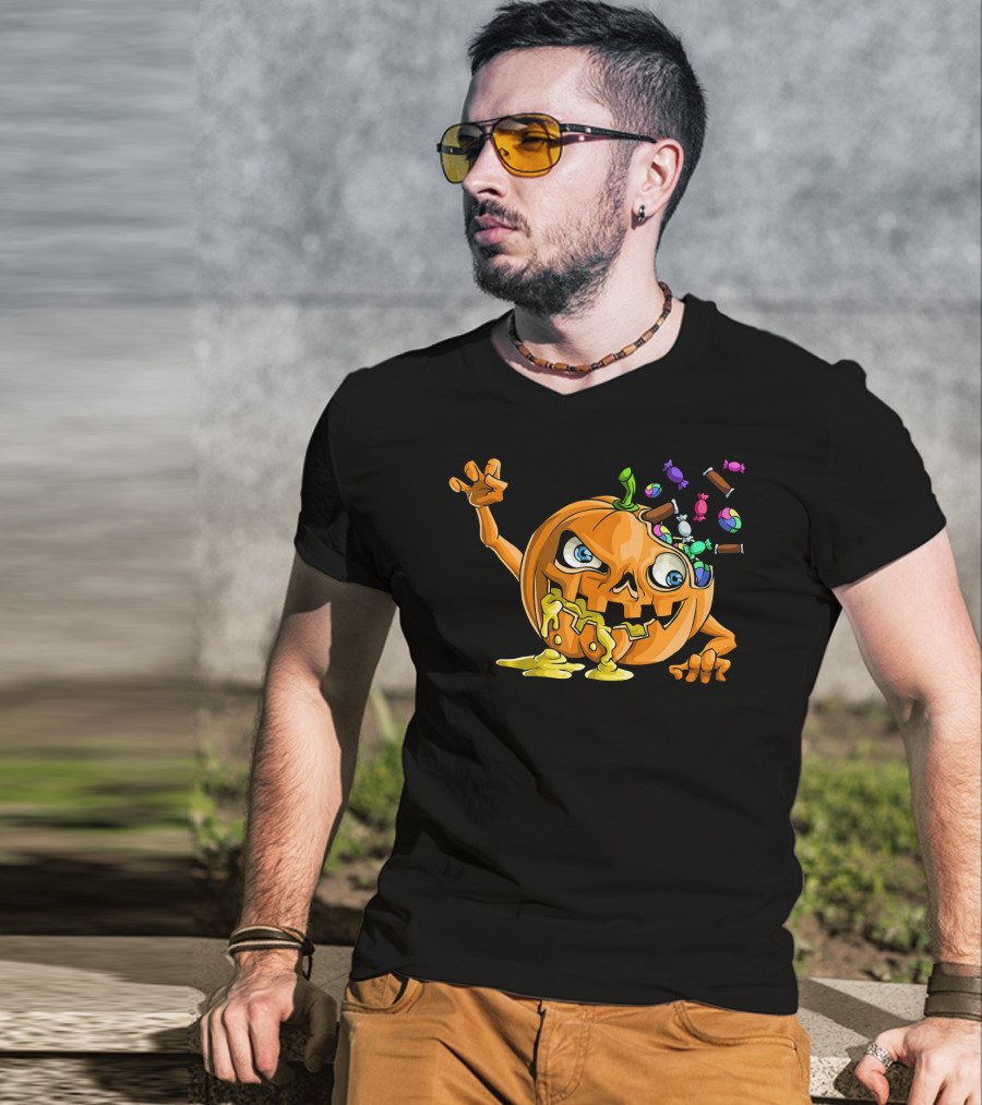 Zombie Pumpkin Funny Halloween Horror Scary Candy Explosion T-Shirt