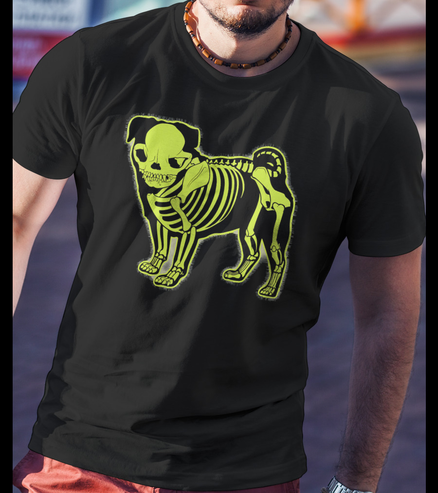 Pug Skeleton Neon Glow Canine Bones T-Shirt