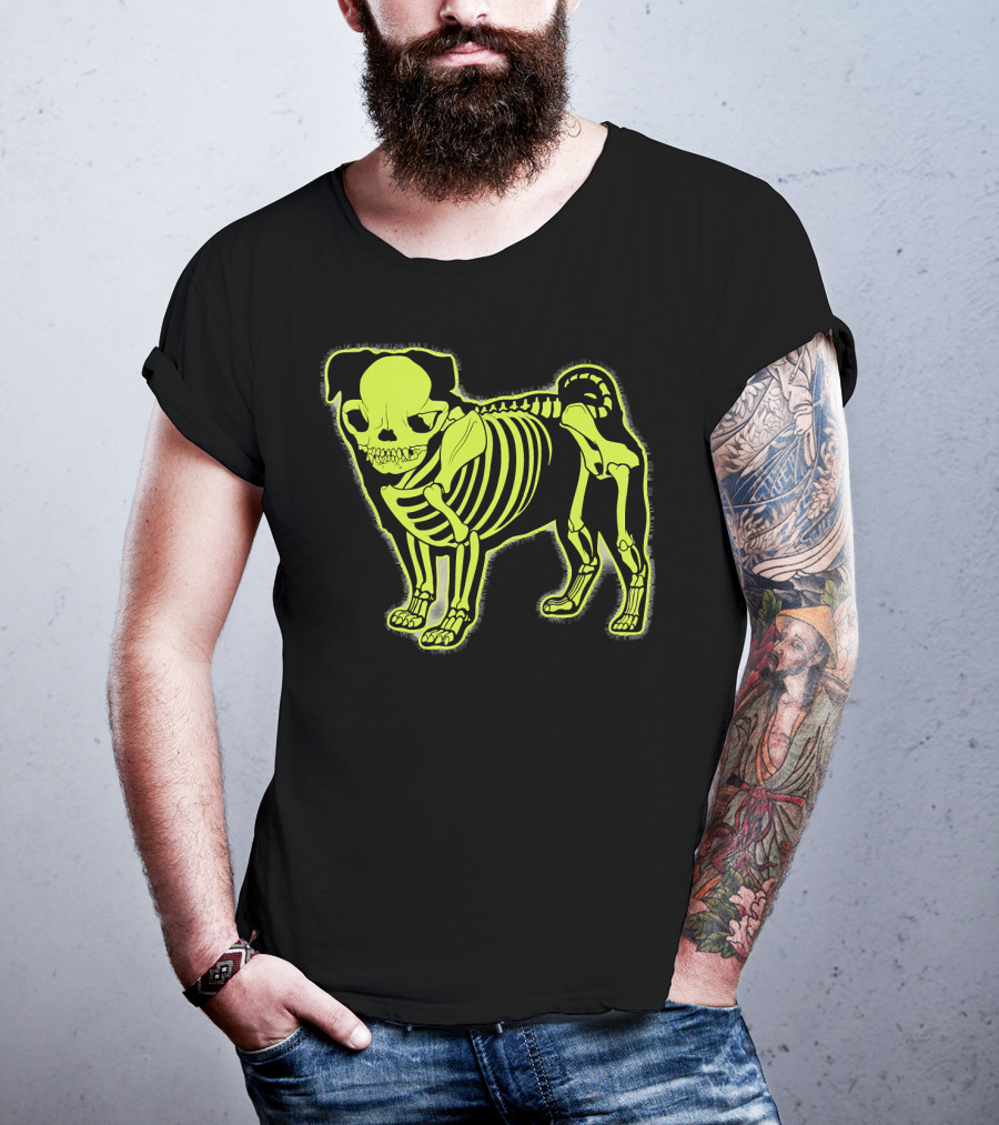 Pug Skeleton Neon Glow Canine Bones T-Shirt