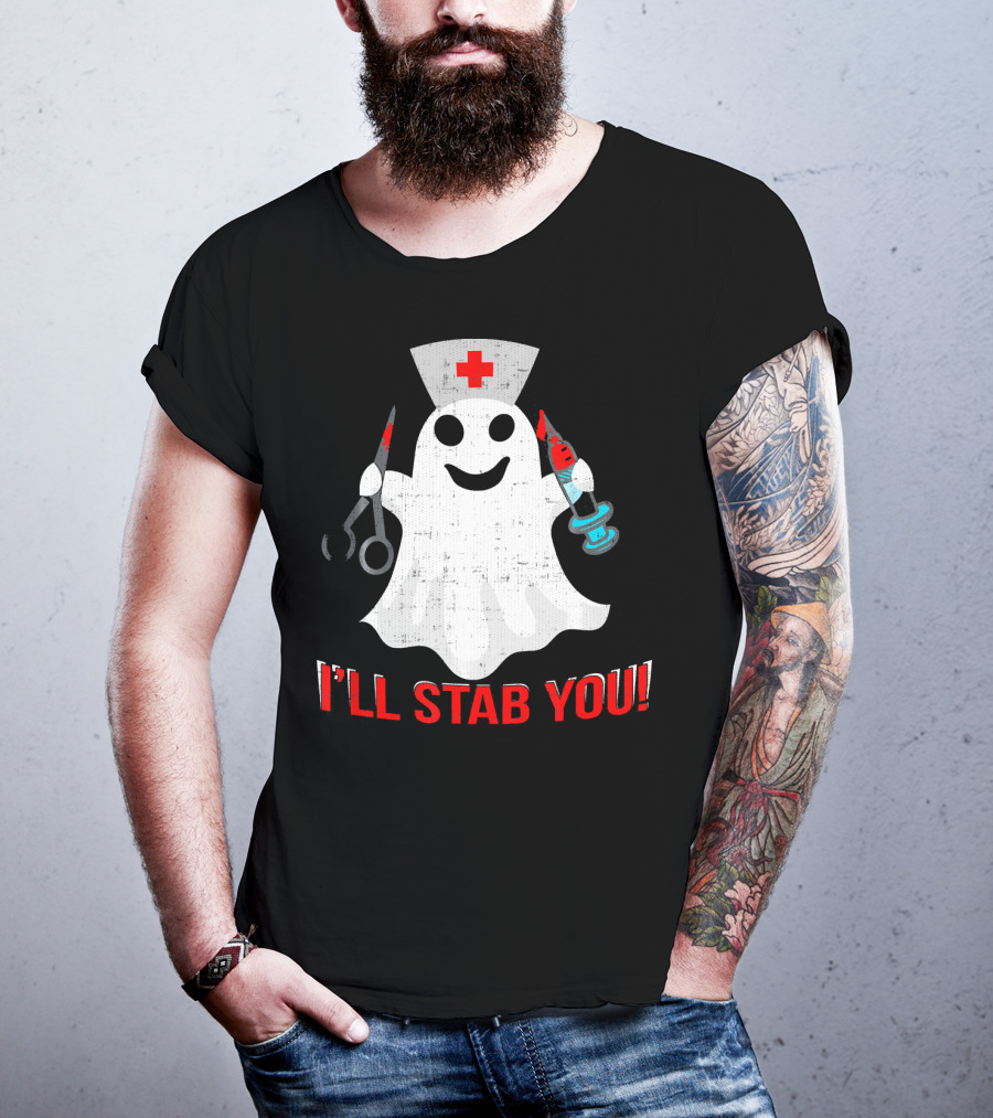 Funny Ghost Nurse I'll Stab You Halloween Humor T-Shirt