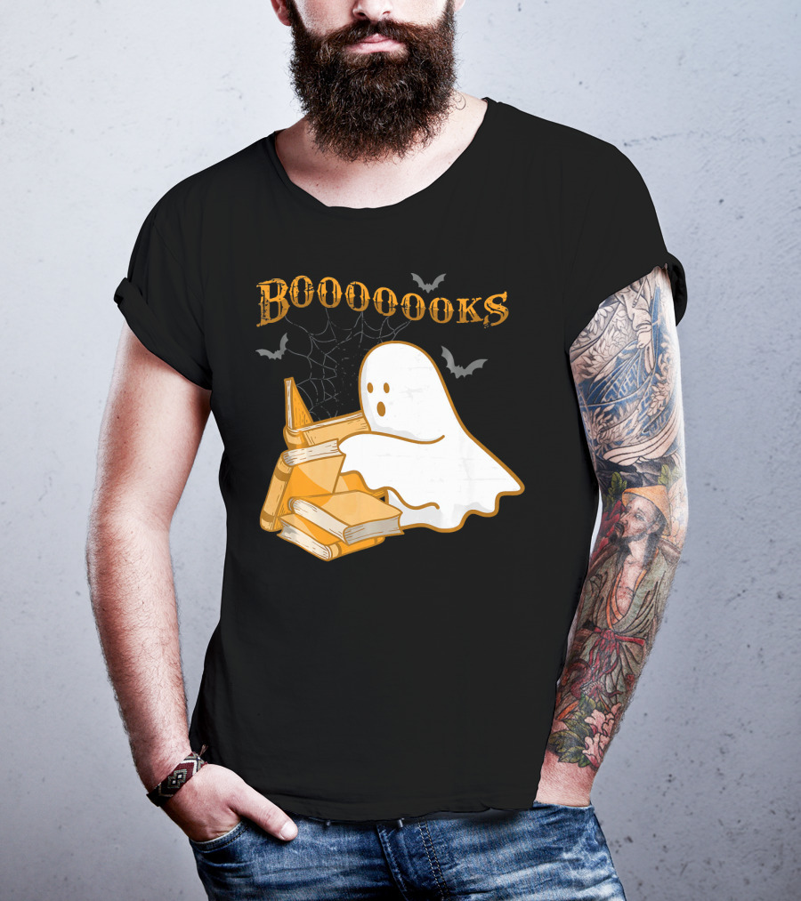 Booooooks Ghost Reading Bat Halloween Teacher T-Shirt