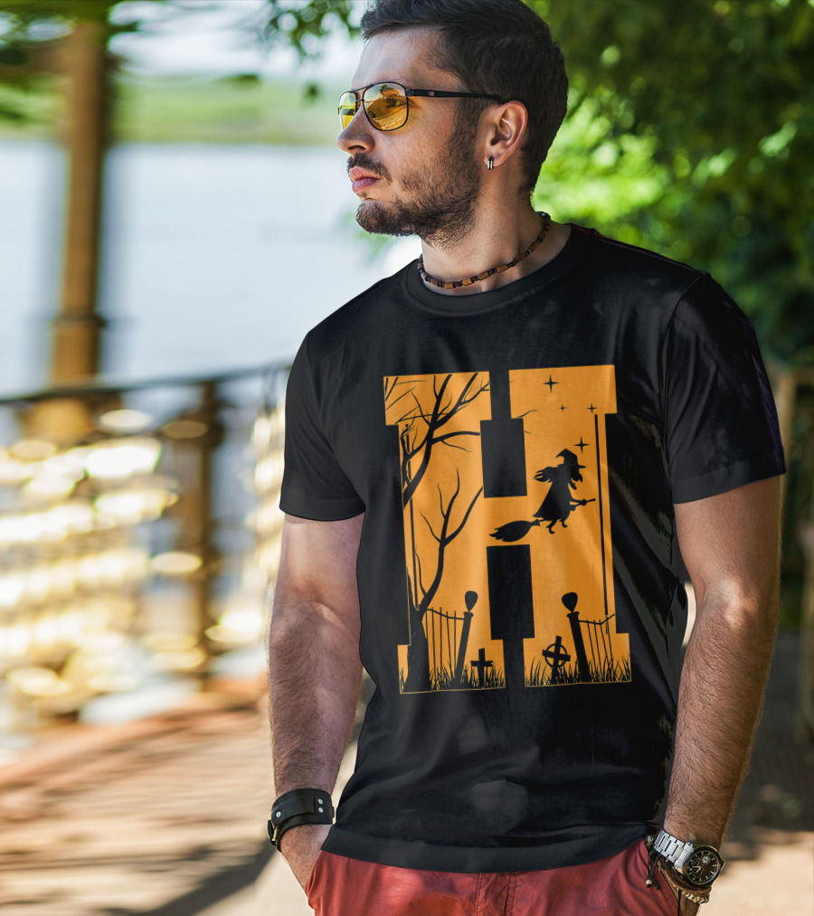 Letter H Halloween Witch Graveyard Scene T-Shirt