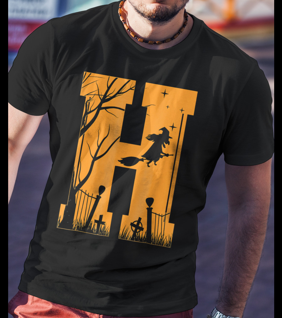 Letter H Halloween Witch Graveyard Scene T-Shirt