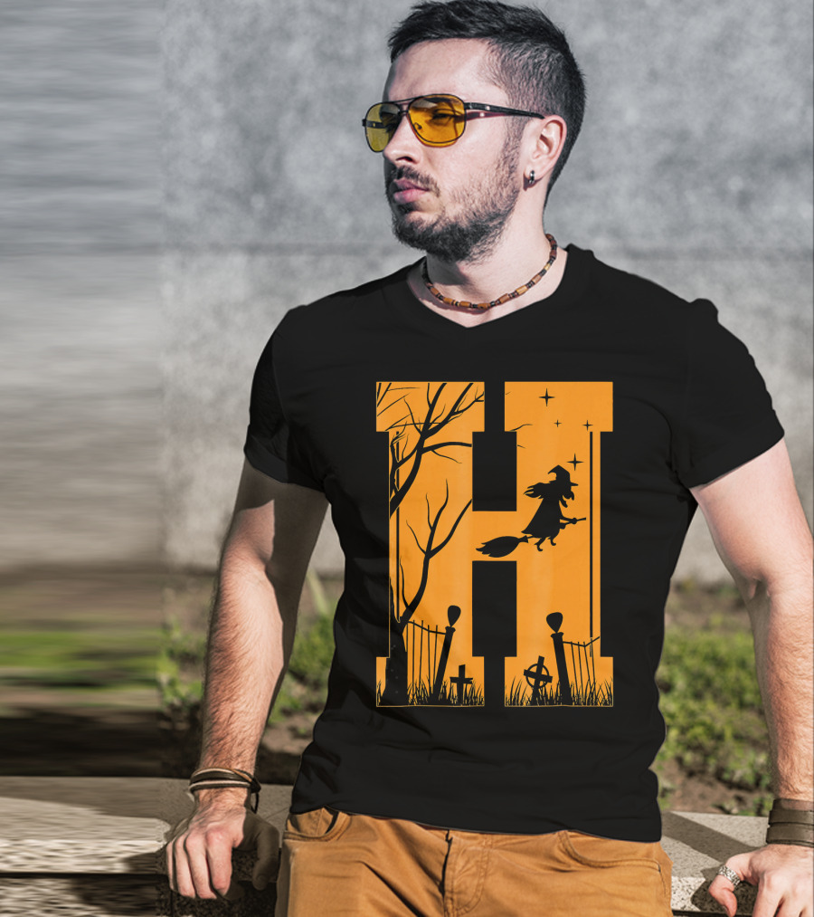 Letter H Halloween Witch Graveyard Scene T-Shirt