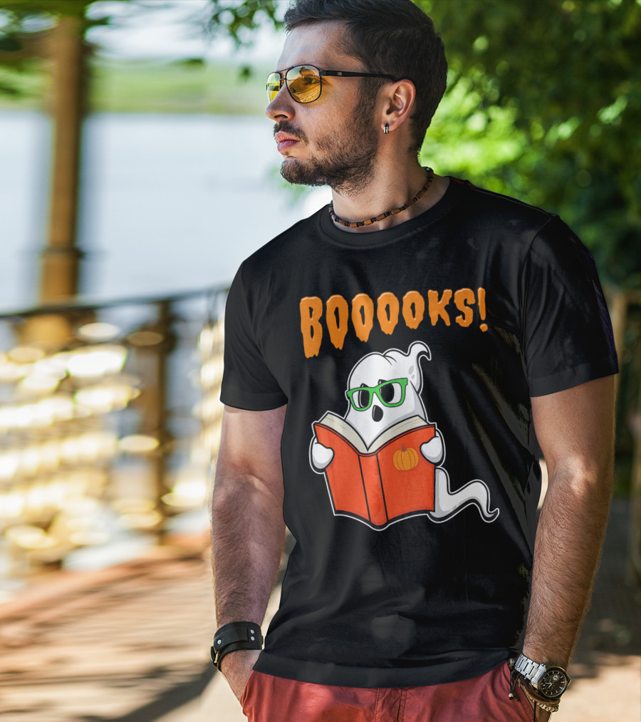 Booooks Ghost With Green Glasses And Pumpkin Book Funny Teacher Halloween T-Shirt