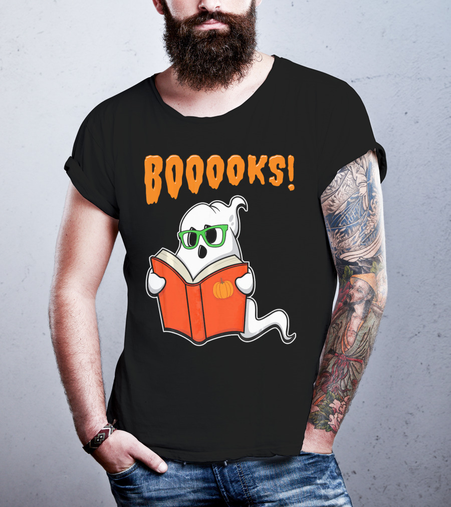 Booooks Ghost With Green Glasses And Pumpkin Book Funny Teacher Halloween T-Shirt
