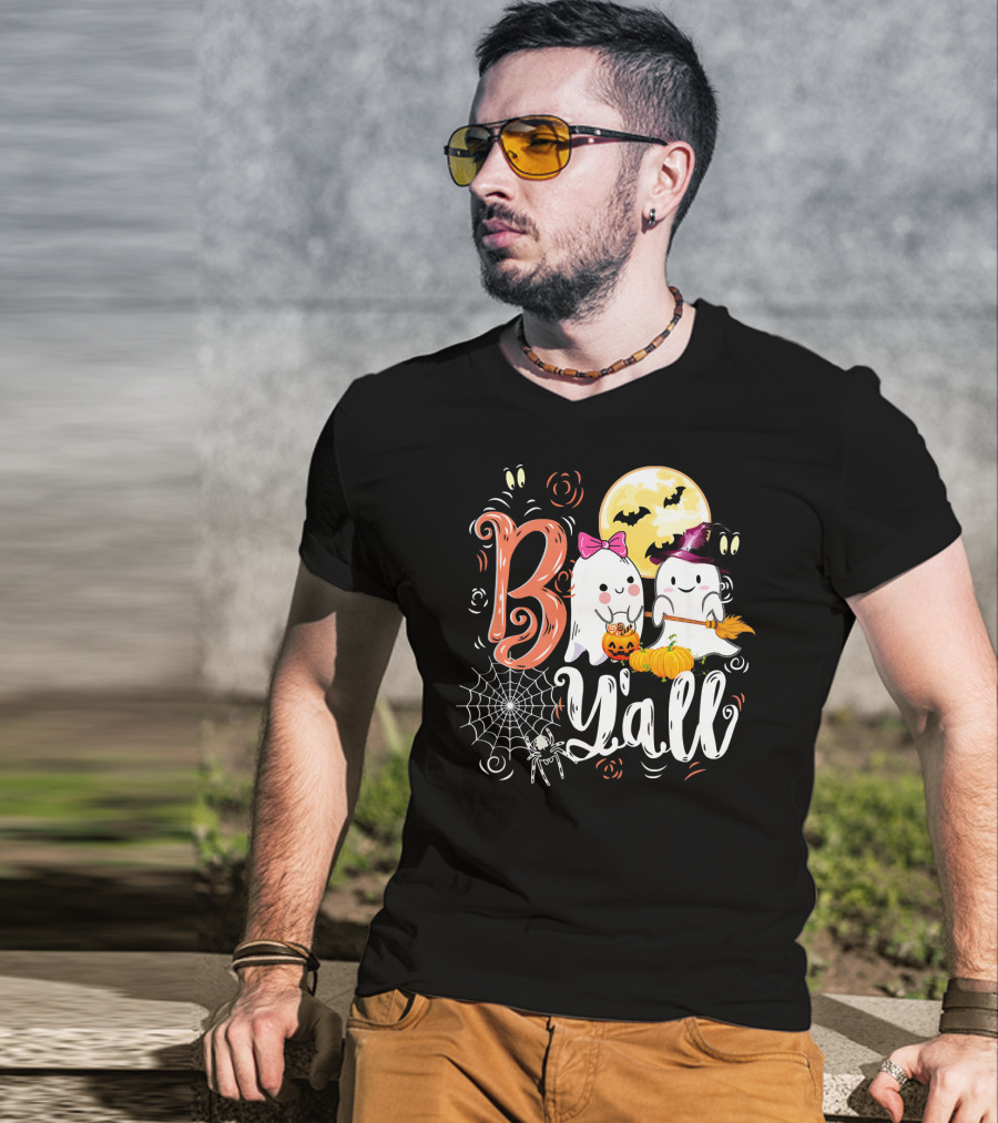 Boo Y’all Funny Ghosts With Pumpkin And Halloween Moon T-Shirt