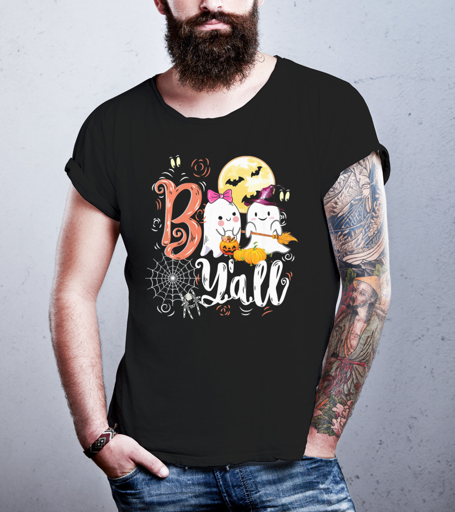 Boo Y’all Funny Ghosts With Pumpkin And Halloween Moon T-Shirt