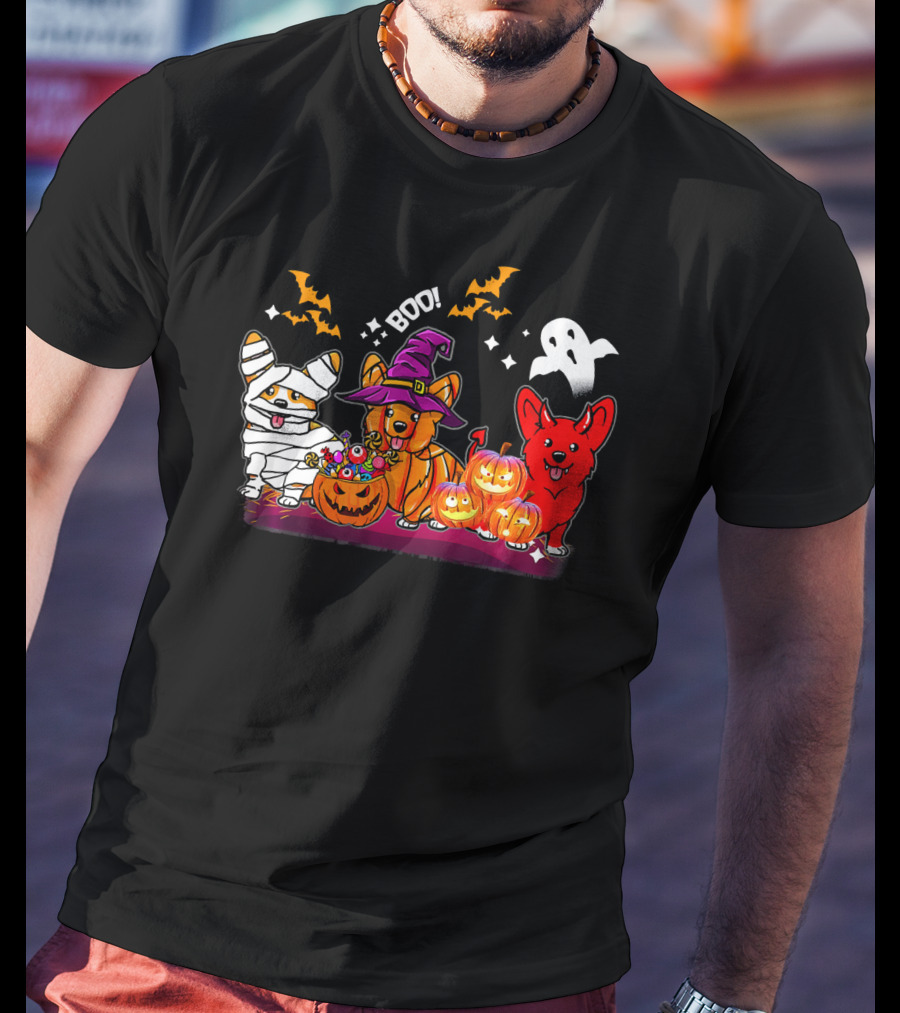 Halloween Three Corgis Witch Mummy Pumpkins Boo Ghost T-Shirt
