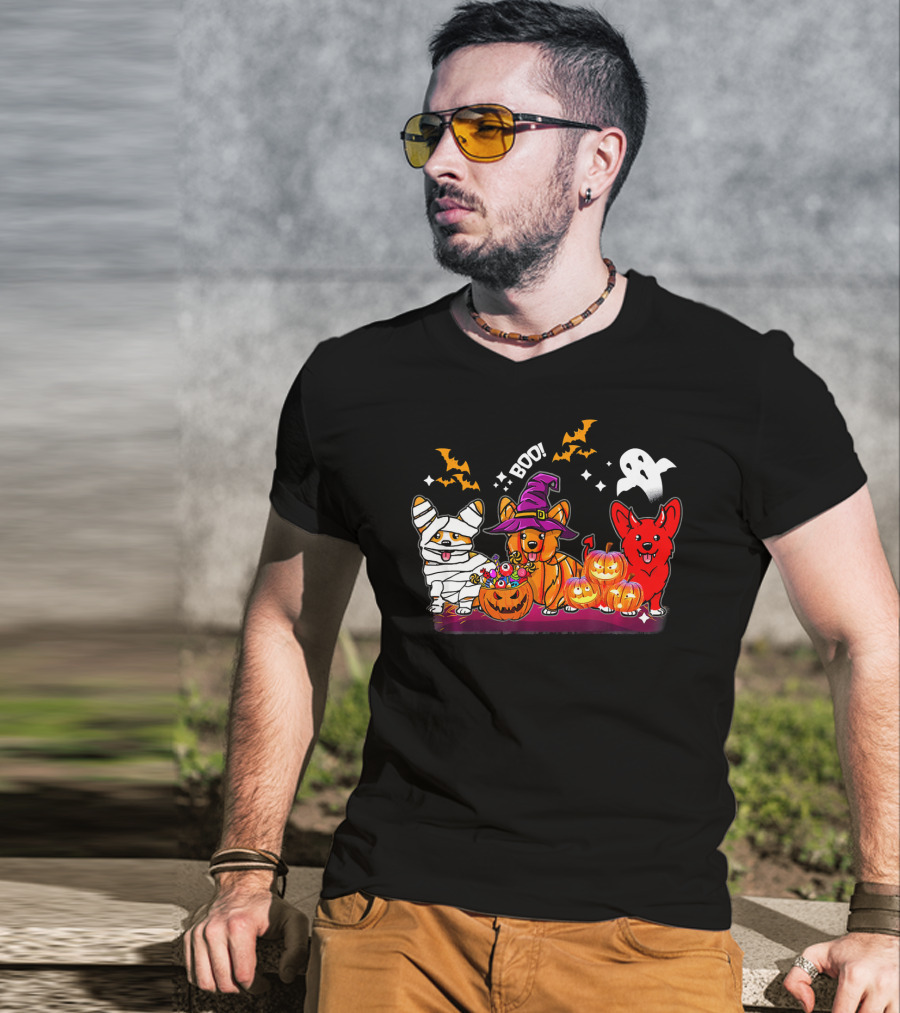 Halloween Three Corgis Witch Mummy Pumpkins Boo Ghost T-Shirt