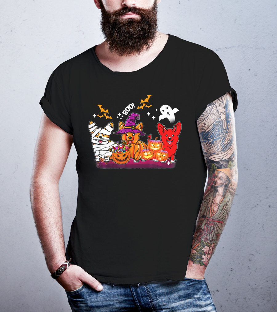 Halloween Three Corgis Witch Mummy Pumpkins Boo Ghost T-Shirt