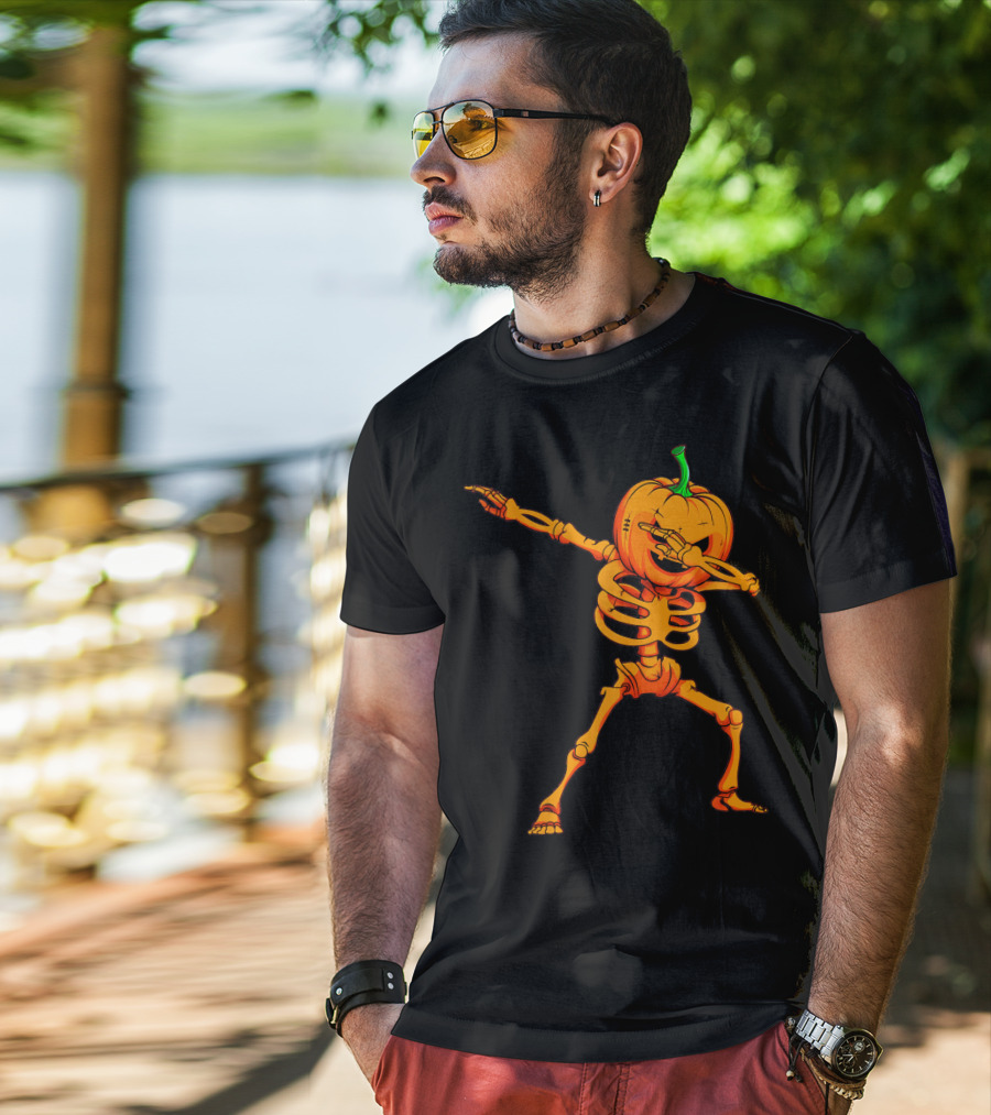 Dabbing Skeleton Pumpkin Halloween Dance T-Shirt