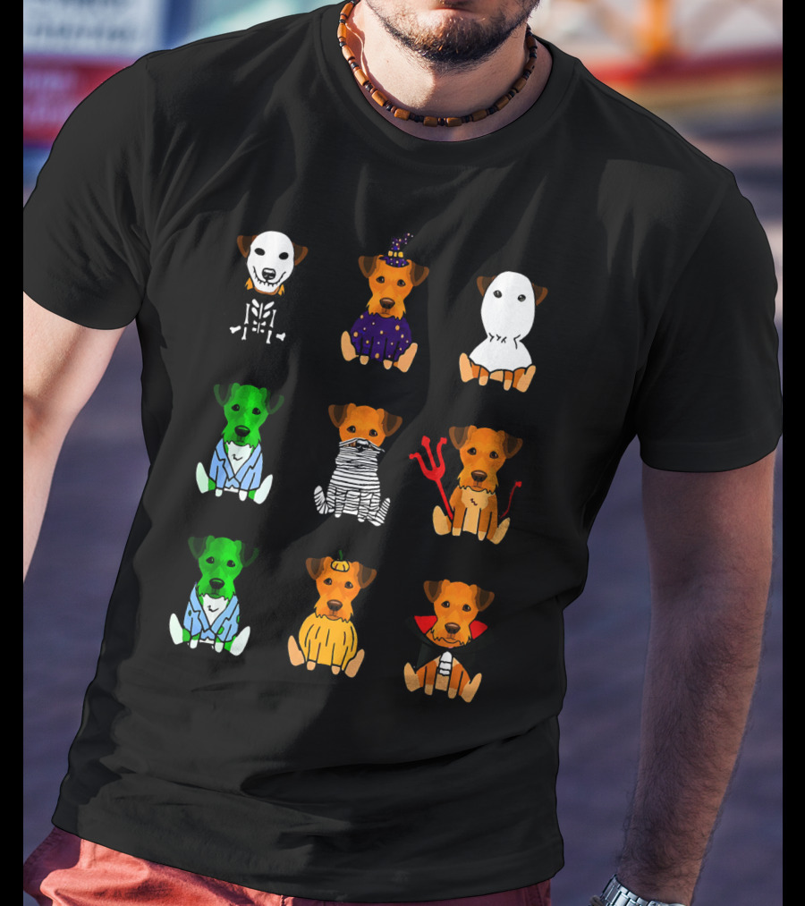 Airedale Terrier Halloween Costumes Skeleton Witch Ghost Zombie Mummy Devil Pumpkin Dracula T-Shirt