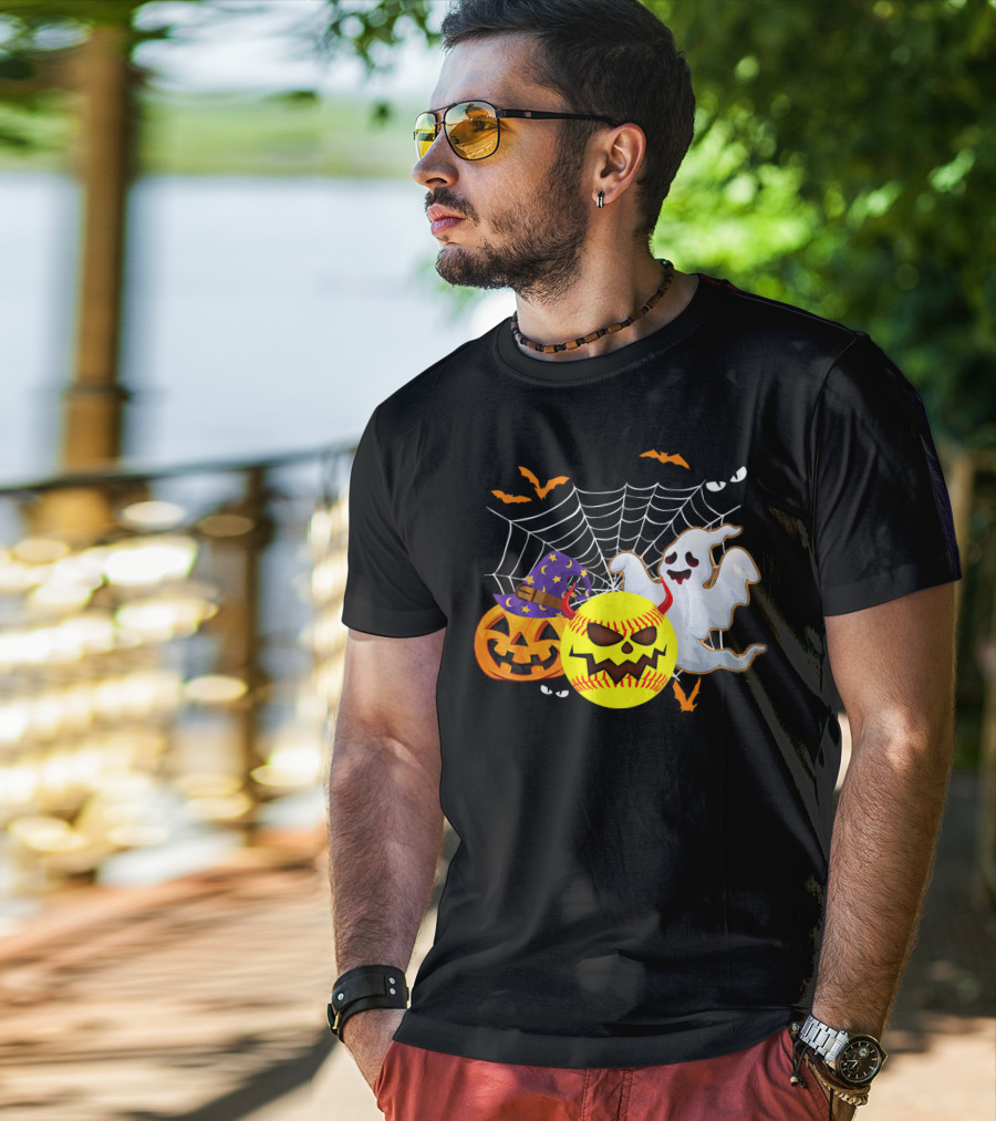 Halloween Softball Pumpkin Ghost Cobwebs And Bats Fun T-Shirt