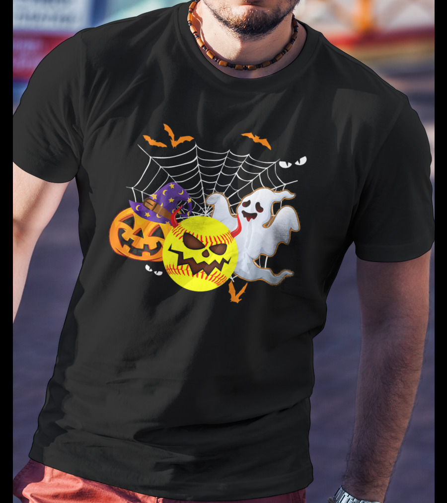 Halloween Softball Pumpkin Ghost Cobwebs And Bats Fun T-Shirt