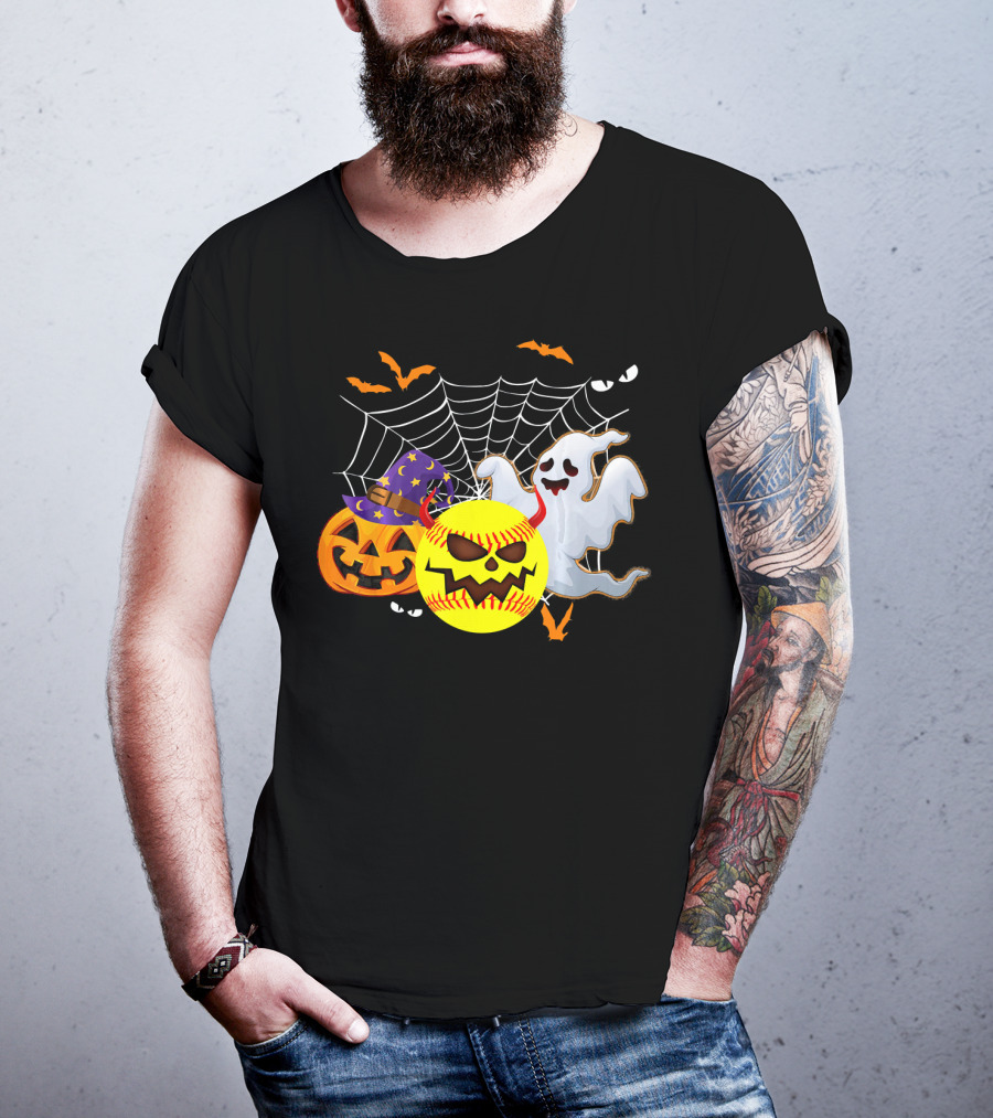 Halloween Softball Pumpkin Ghost Cobwebs And Bats Fun T-Shirt