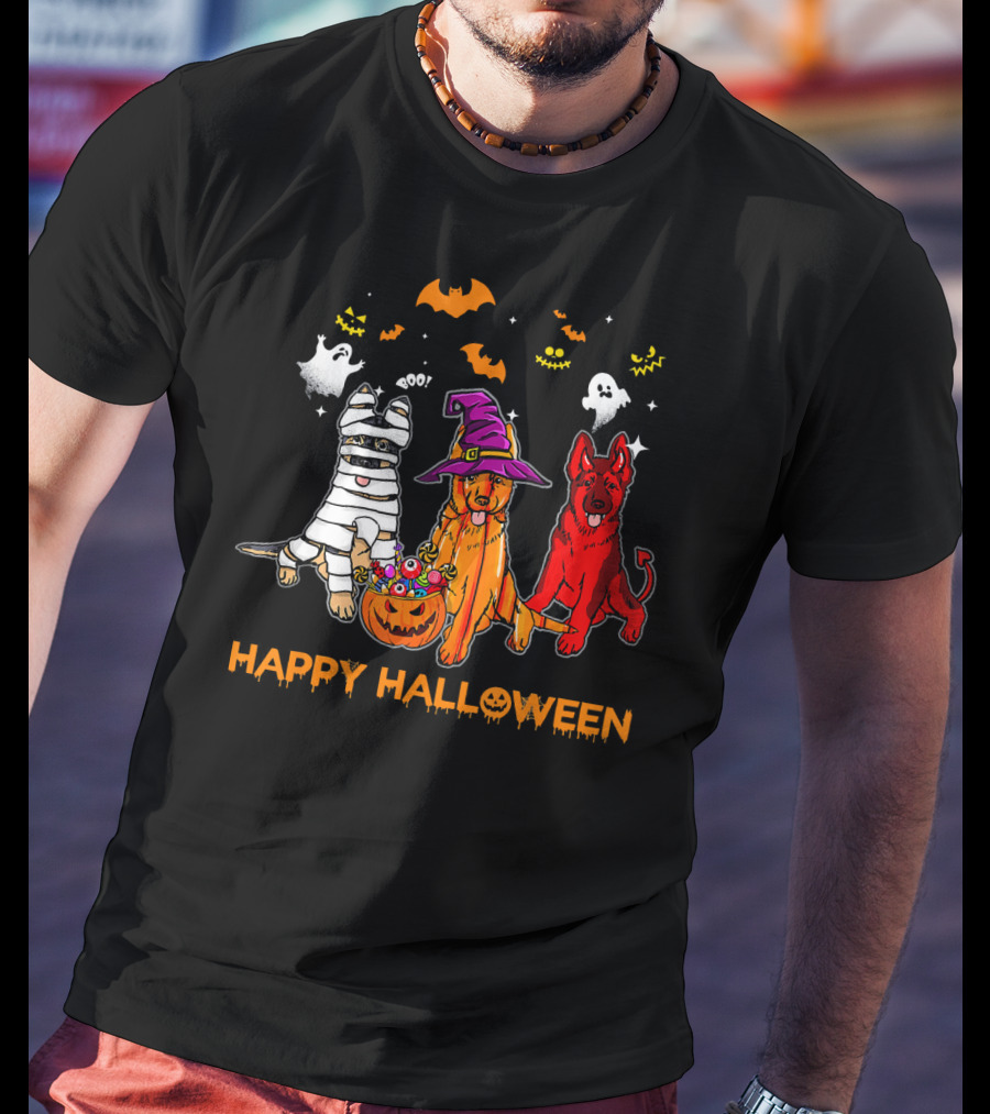 Happy Halloween Mummy Witch Devil Dogs With Ghosts And Bats T-Shirt