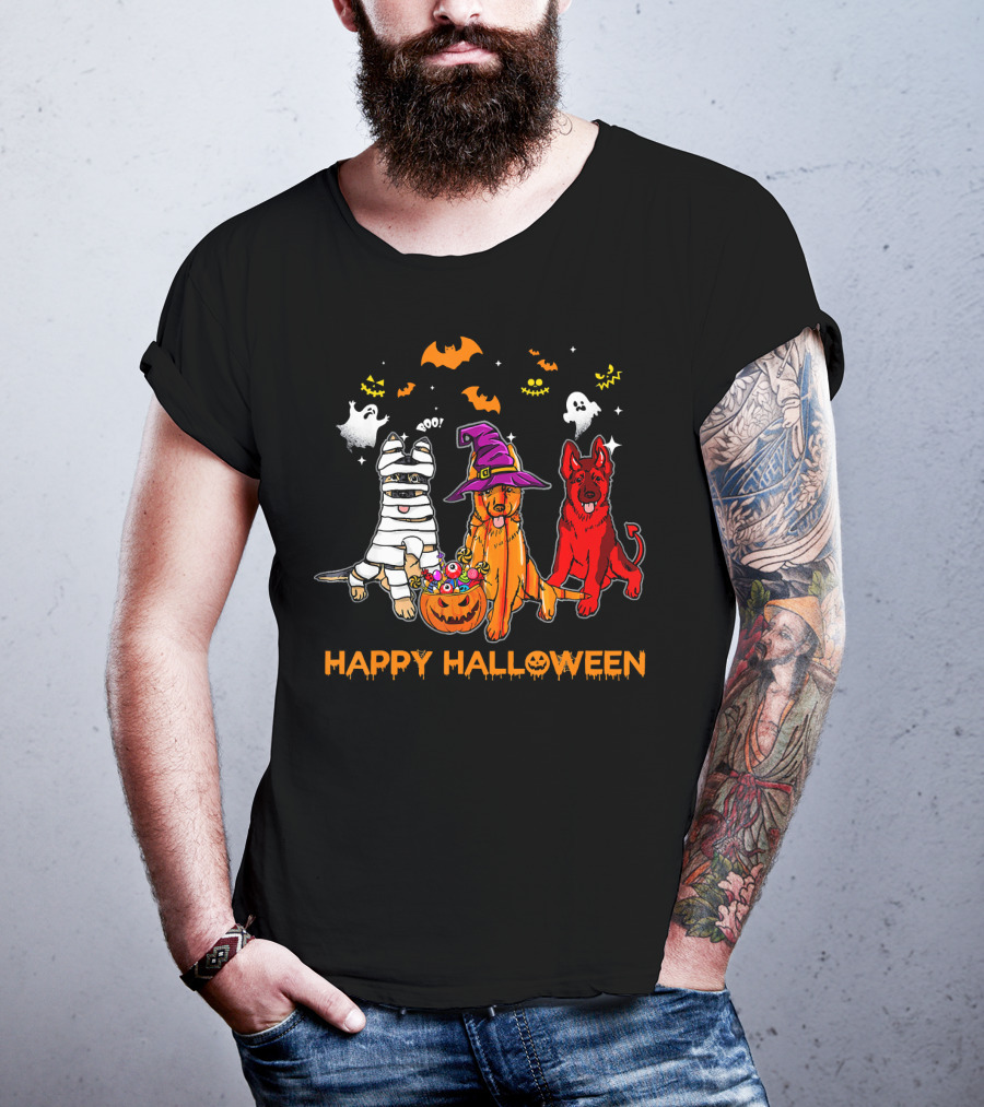 Happy Halloween Mummy Witch Devil Dogs With Ghosts And Bats T-Shirt