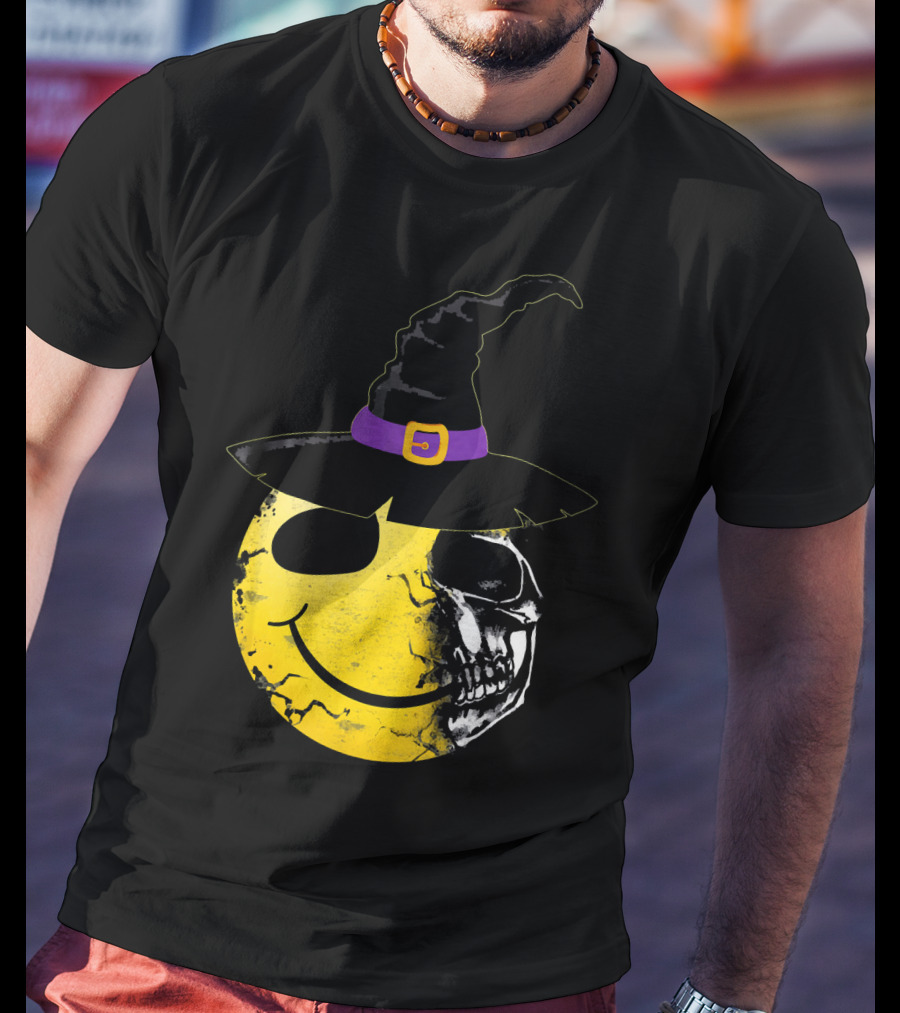 Halloween Witch Hat Smiley Half Skull Face T-Shirt