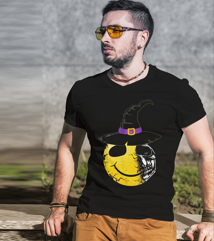 Halloween Witch Hat Smiley Half Skull Face T-Shirt