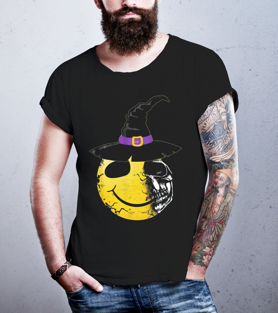 Halloween Witch Hat Smiley Half Skull Face T-Shirt