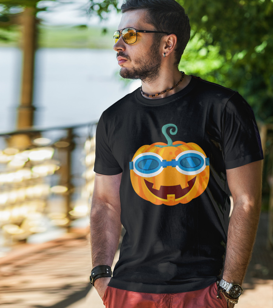 Swimming Pumpkin With Goggles Funny Halloween T-Shirt