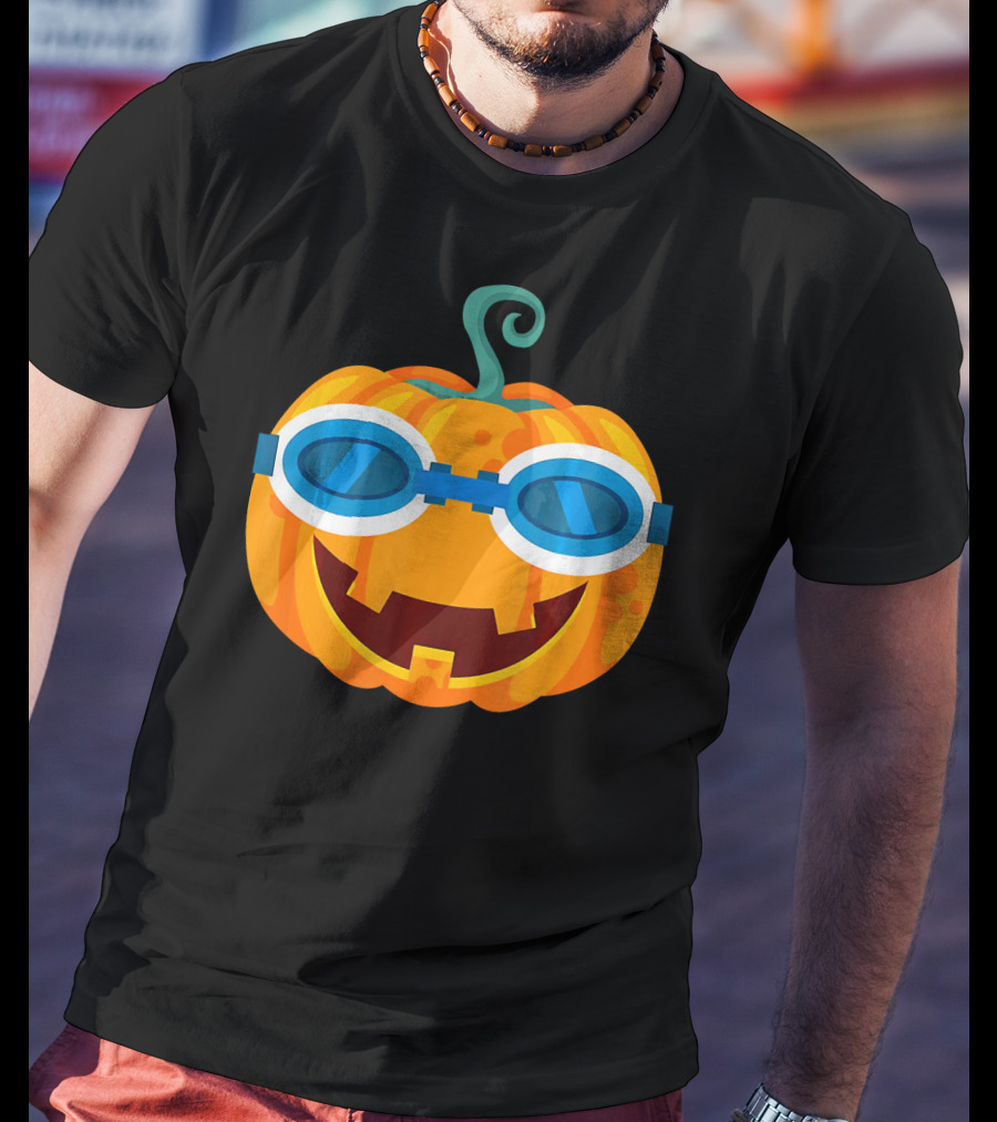 Swimming Pumpkin With Goggles Funny Halloween T-Shirt