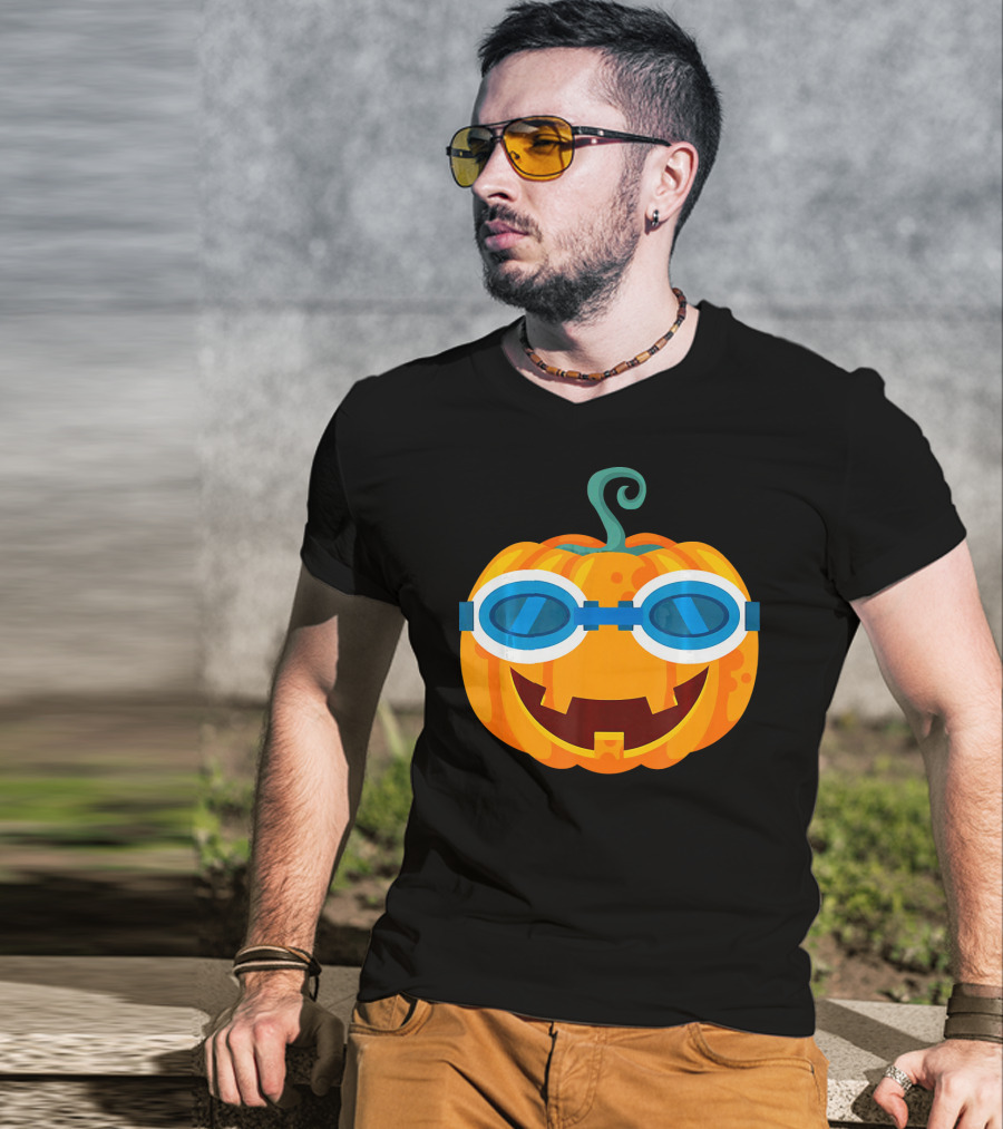 Swimming Pumpkin With Goggles Funny Halloween T-Shirt