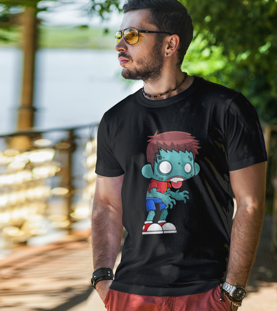 Zombie Boy Cartoon Character With Red Shirt And Blue Shorts T-Shirt
