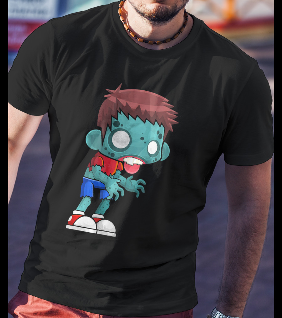 Zombie Boy Cartoon Character With Red Shirt And Blue Shorts T-Shirt