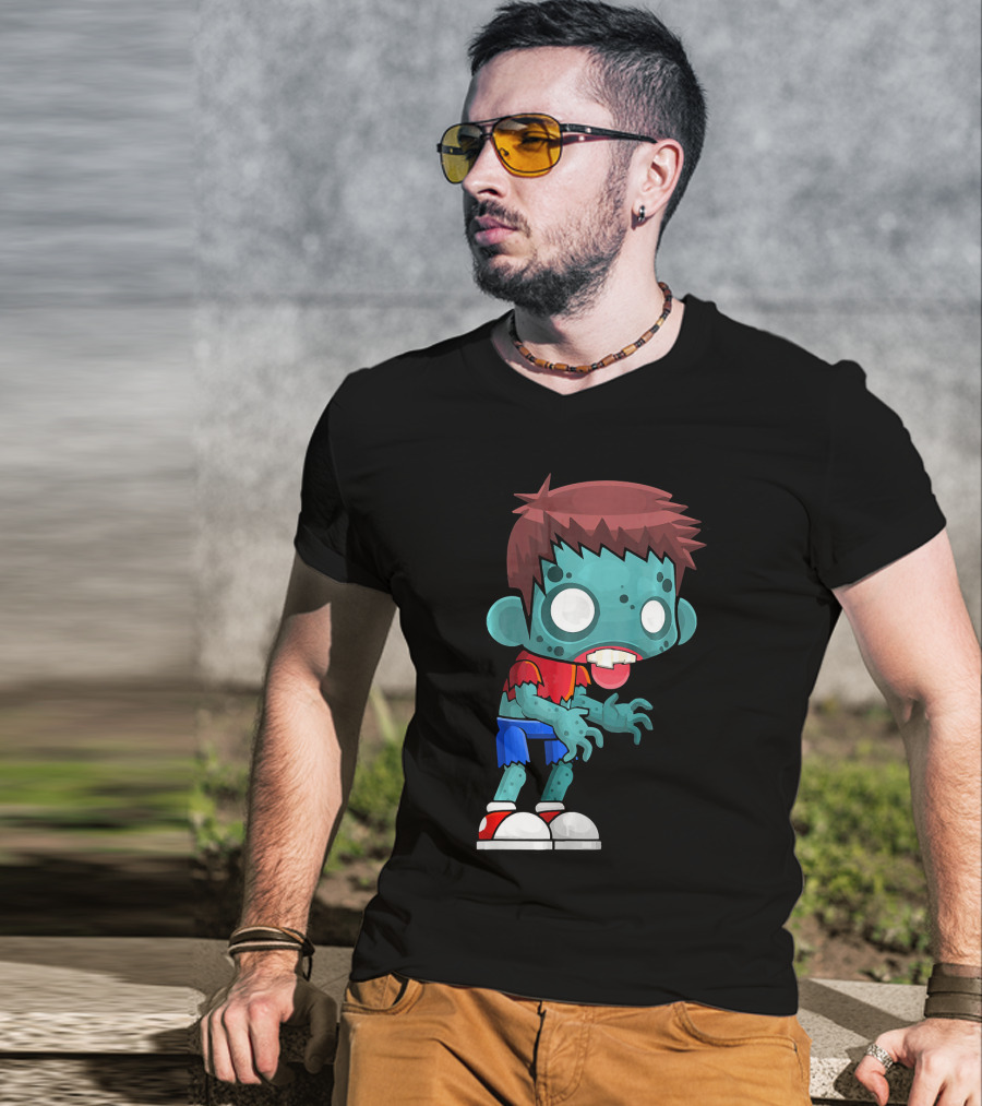 Zombie Boy Cartoon Character With Red Shirt And Blue Shorts T-Shirt