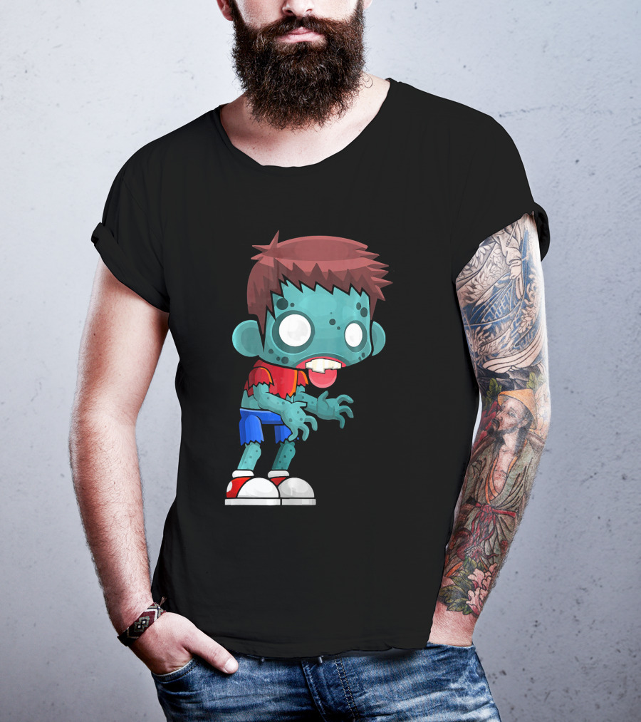 Zombie Boy Cartoon Character With Red Shirt And Blue Shorts T-Shirt
