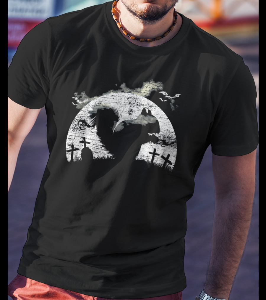 Halloween Squirrel Graveyard Silhouette With Full Moon And Bats T-Shirt