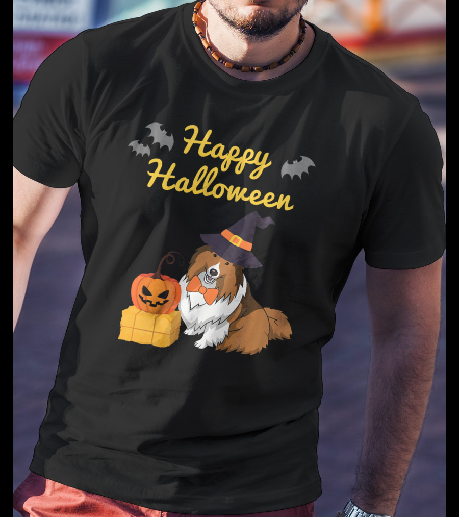 Happy Halloween Cute Sheltie With Witch Hat Pumpkins And Bats T-Shirt