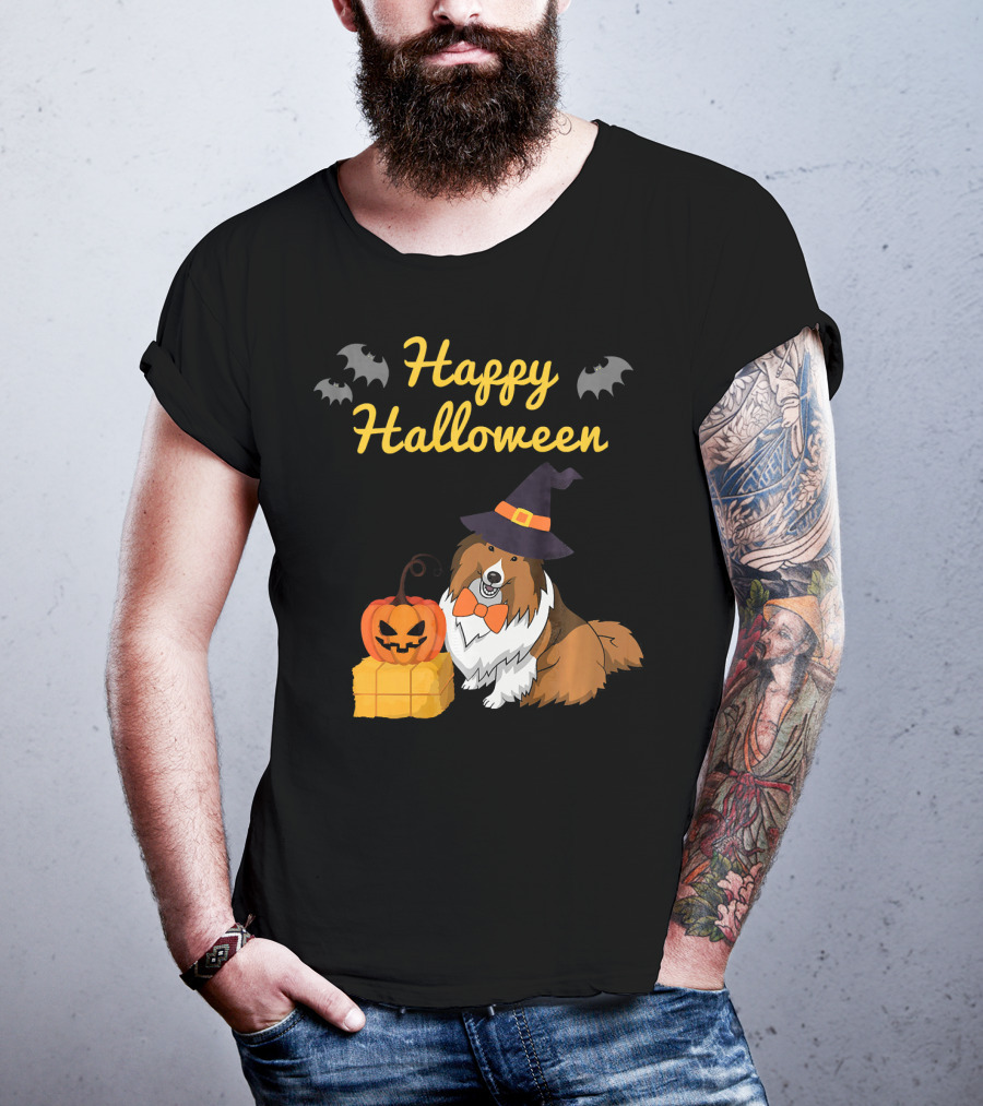 Happy Halloween Cute Sheltie With Witch Hat Pumpkins And Bats T-Shirt