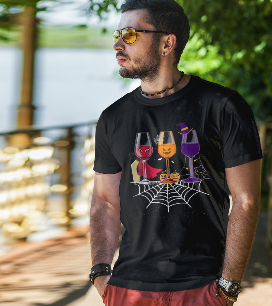 Halloween Wine Glasses Witch Vampire Pumpkin Cat Spiderweb T-Shirt