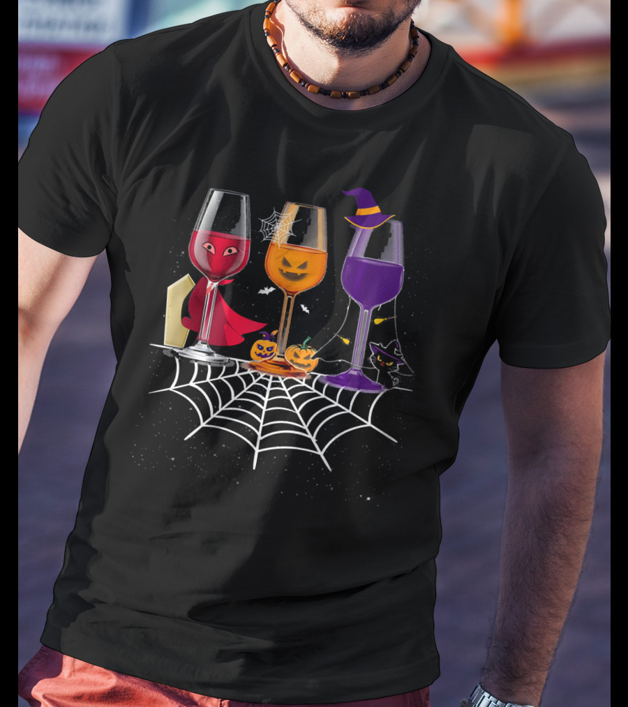 Halloween Wine Glasses Witch Vampire Pumpkin Cat Spiderweb T-Shirt