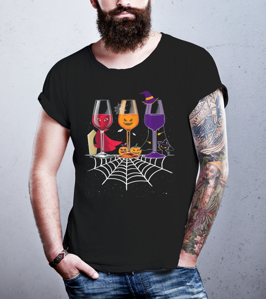 Halloween Wine Glasses Witch Vampire Pumpkin Cat Spiderweb T-Shirt