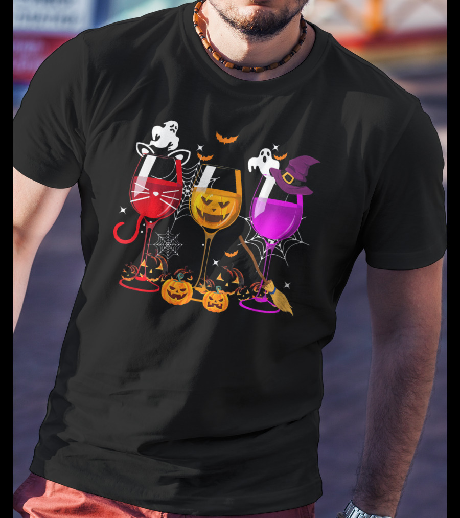Halloween Ghost Cat Witch Pumpkin Three Glasses Of Wine T-Shirt