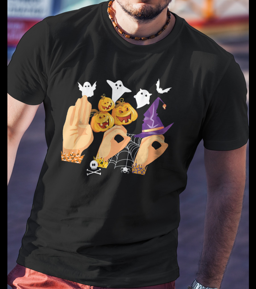 ASL Boo Sign Language Ghosts Pumpkins Witch Hat Halloween T-Shirt