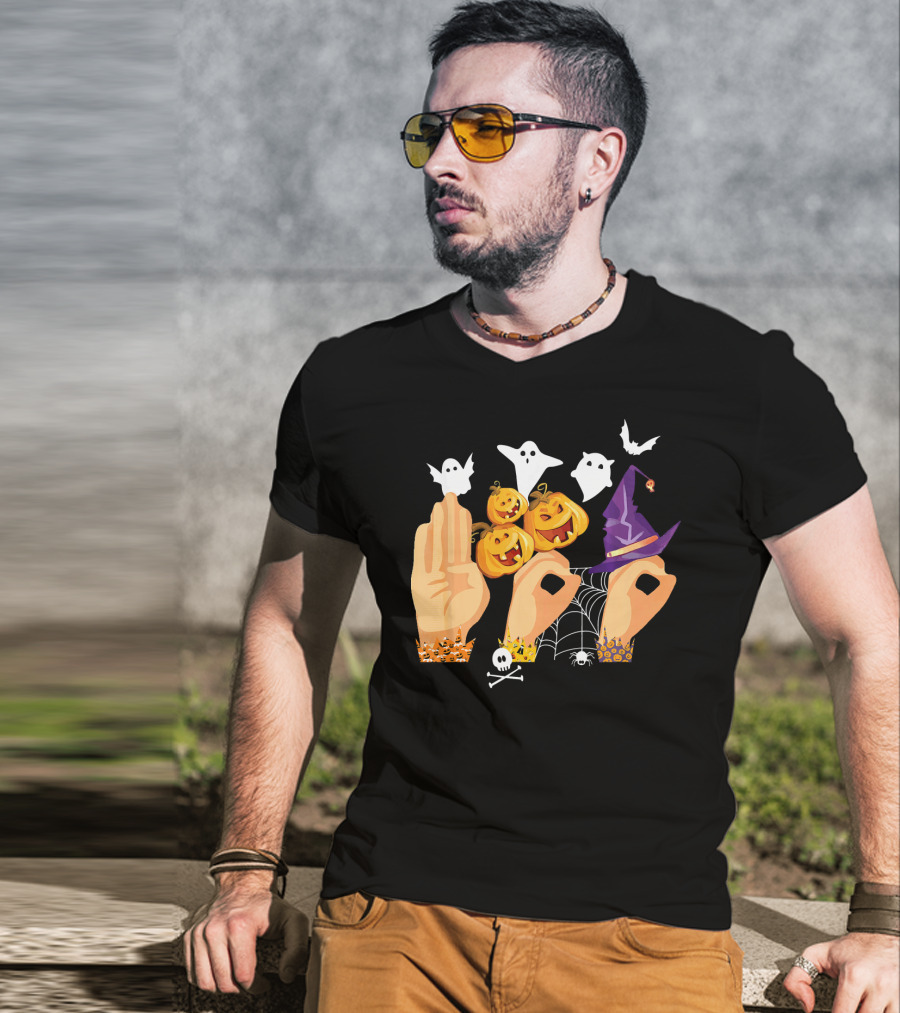 ASL Boo Sign Language Ghosts Pumpkins Witch Hat Halloween T-Shirt